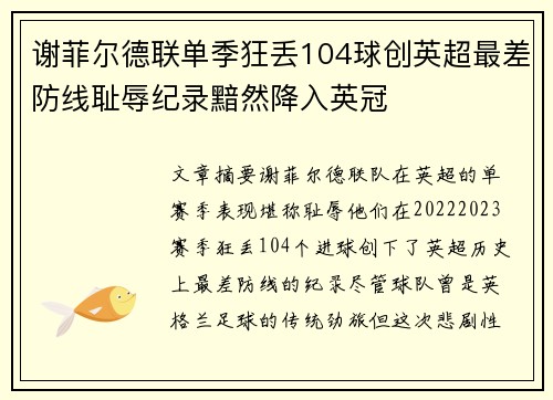 谢菲尔德联单季狂丢104球创英超最差防线耻辱纪录黯然降入英冠 谢菲尔德联单季狂丢104球创英超最差防线耻辱纪录黯然降入英冠